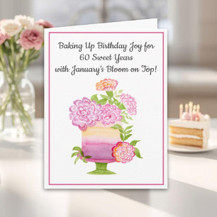 January 60th Birthday Cake Purple Carnations Card
