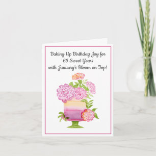 January 65th Birthday Cake Purple Carnations Card