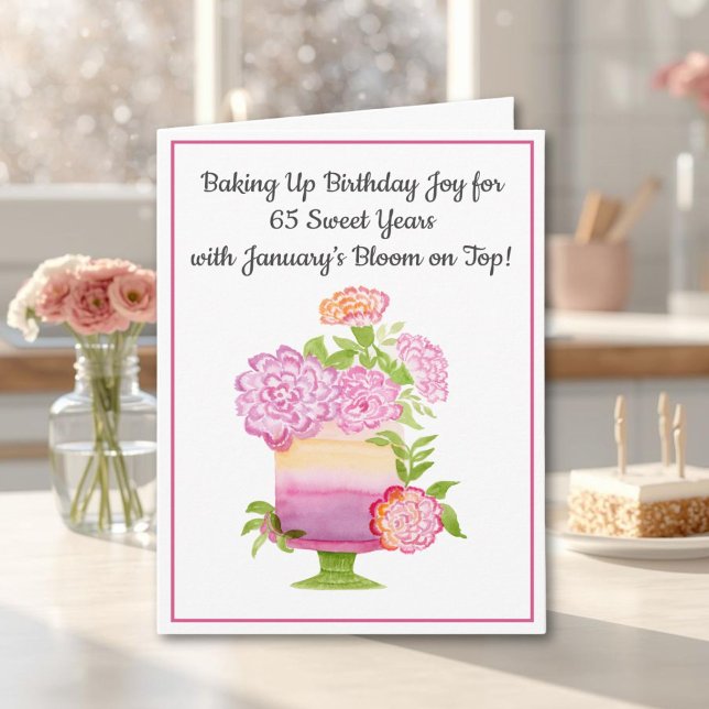 January 65th Birthday Cake Purple Carnations Card (Creator Uploaded)