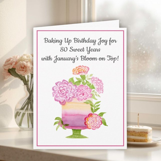 January 80th Birthday Cake Purple Carnations Card (Creator Uploaded)