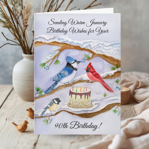 January 90th Birthday Backyard Birds Watercolor Card