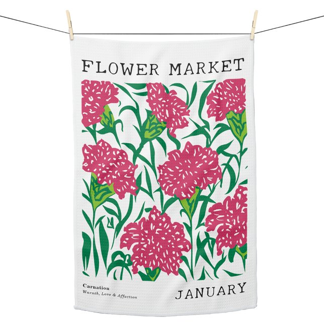 January Birth Flower Market Green & Pink Carnation Tea Towel (Personalized January Birth Flower Market Kitchen Towel, Custom Carnation Floral Print Kitchen Towel)