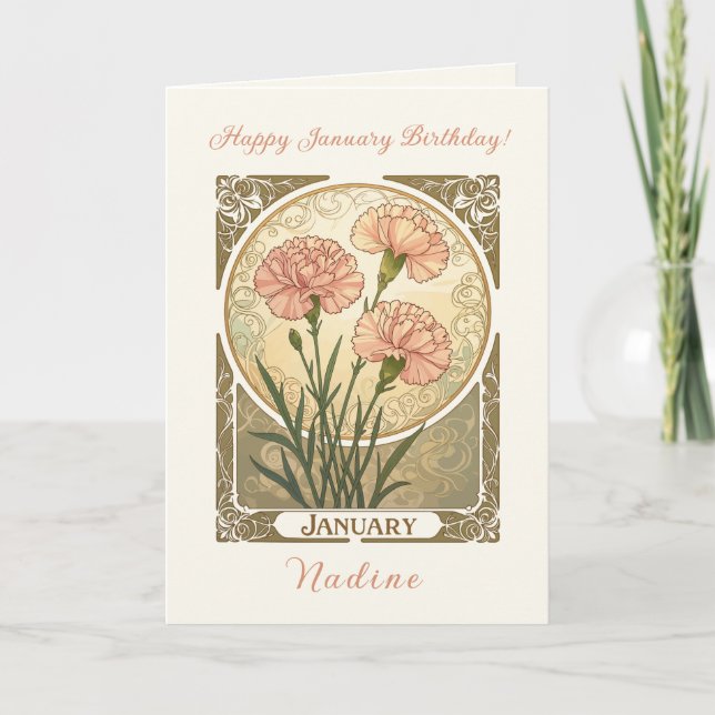 January Birth Flower Pink Carnations Art Nouveau S Card (Front)
