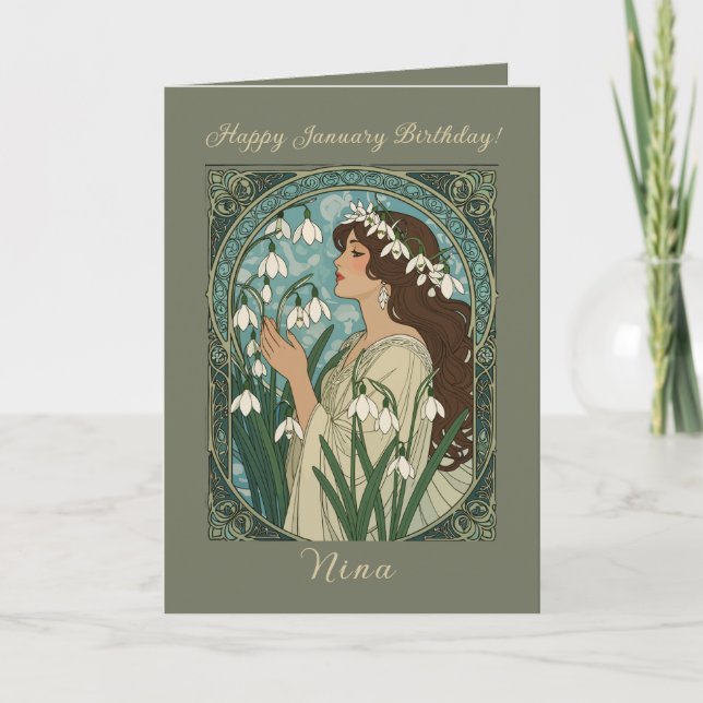 January Birth Flower Snowdrop Flowers Art Nouveau  Card (Front)
