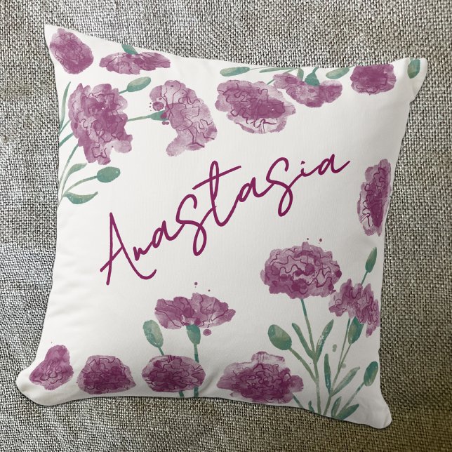 January Birth Month Carnation Personalised Cushion (January birth month flower personalized custom script name watercolor carnation botanical art pillow)