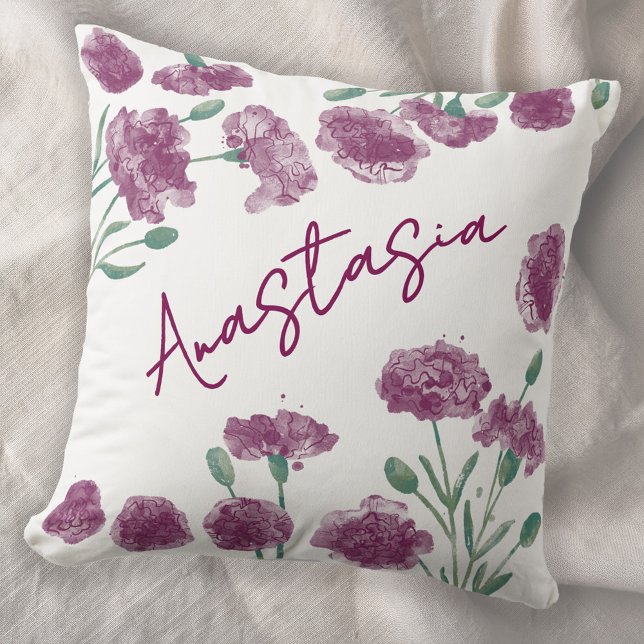 January Birth Month Carnation Personalized Cushion (January birth month flower personalized custom script name watercolor carnation botanical art pillow)