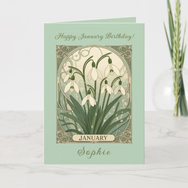 January Birthday Snowdrop Flowers Art Nouveau Styl Card (Front)