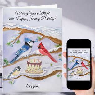 January Birthday with Backyard Birds and Cake Mom Card