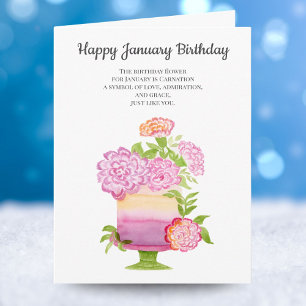 January Carnation Birthday Flowers on Cake Card
