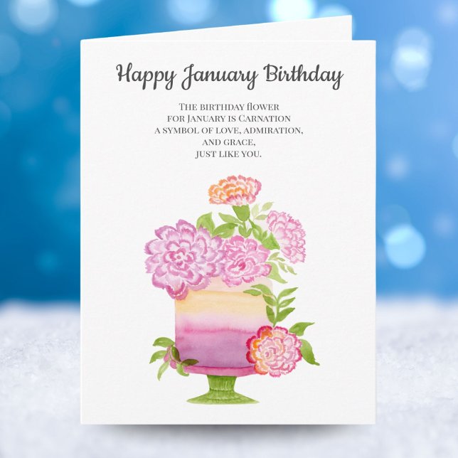 January Carnation Birthday Flowers on Cake Card (Creator Uploaded)