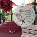 January Carnation Floral Birthday Keepsake Glass Tree Decoration<br><div class="desc">January actually has two flowers in celebration of birthdays for this month: carnations and snowdrops. This design features the beauty of carnations. The gemstone for January is garnet. This design features the carnation flowers and the gemstones along with the recipient's name in a garnet colour. We have paired it with...</div>