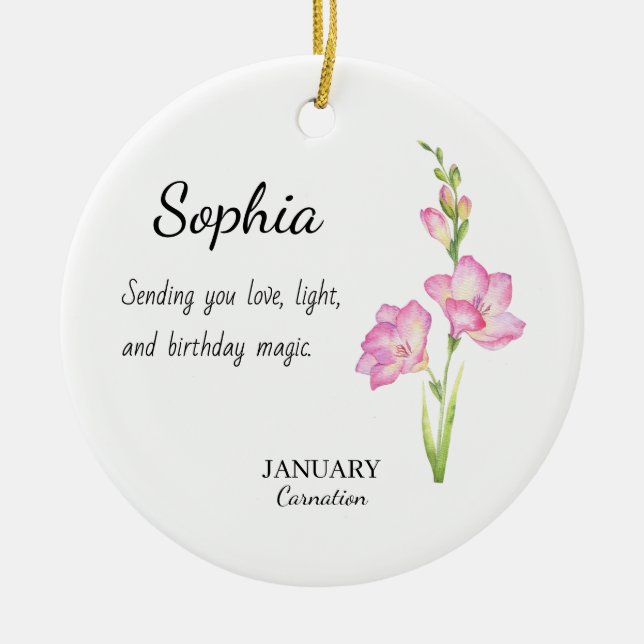 January Carnation Personalised Birthday Ceramic Tree Decoration (Front)