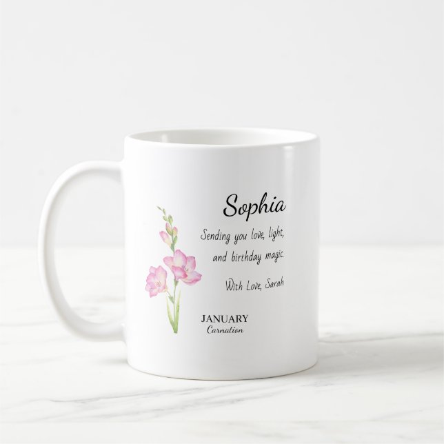 January Carnation Personalised Birthday Coffee Mug (Left)