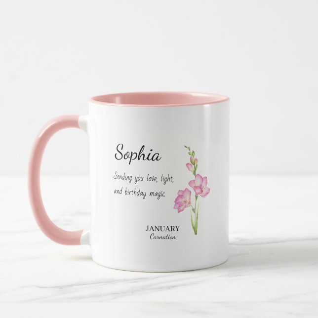 January Carnation Personalised Birthday Mug (Left)