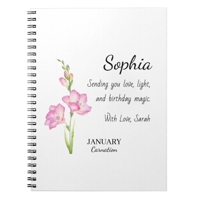 January Carnation Personalised Birthday Notebook (Front)
