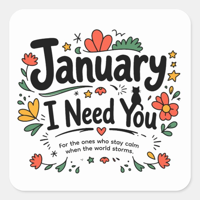 January Cute Hand-Drawn Typography Floral Doodle Square Sticker (Front)