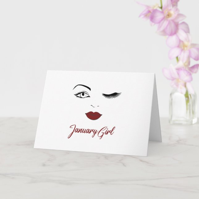 January Girl Eyes Cute Red Lips Wink Birthday Card (Orchid)