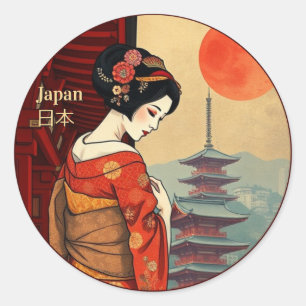 Japan 日本 maiko geisha pagoda retro classic round sticker
