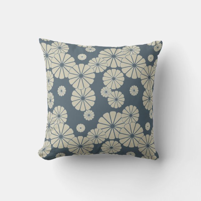 Japan. Blue Floral Flowers. Cushion (Front)