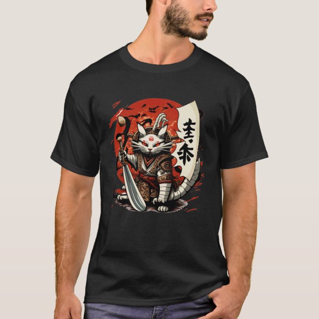 Japan Cats Samurai Warrior Katana Samurai Sword T-Shirt (Front)