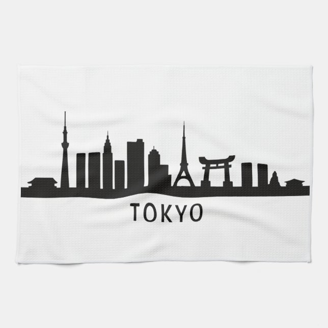 Japan Cityscape Travel | Tokyo Skyline Silhouette Tea Towel (Horizontal)