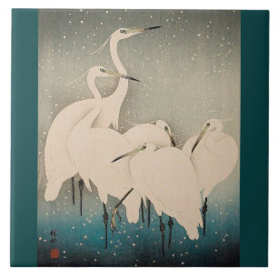 Japan Egrets in Snow Wildlife Birds Ceramic Tile