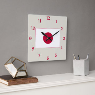 Japan Flag: Hinomaru, Nisshōki, Red Rising Sun Square Wall Clock