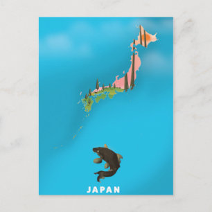 Japan Illustrated Map travel poster print. Postcard