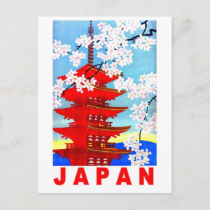 Japan in spring, Japanese temle tower, vintage Postcard