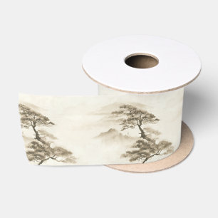 Japan Ink Landscape Minimal Misty Mountain Satin Ribbon