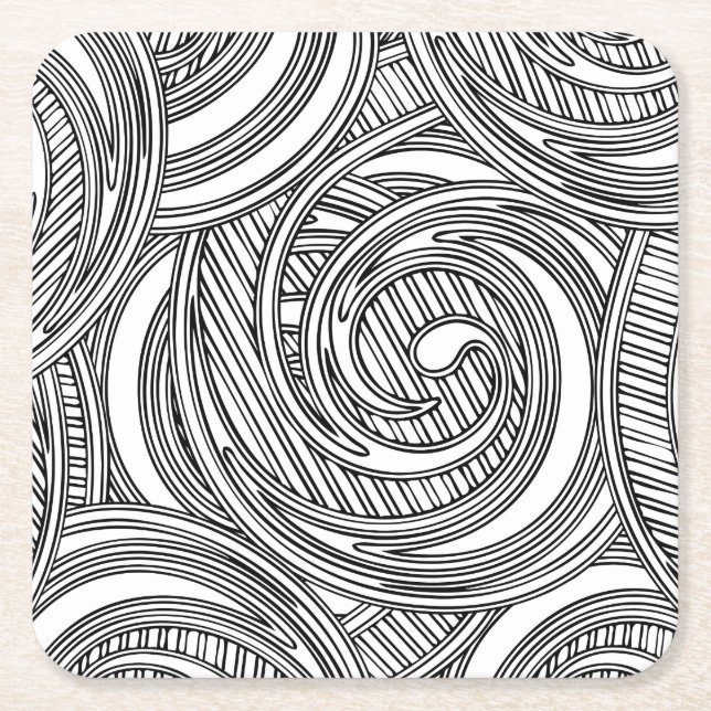 Japan inspired design with black and white swirls  square paper coaster (Front)