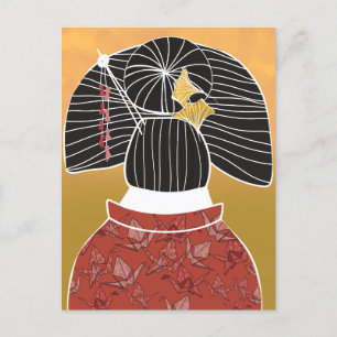 Japan Kimono Yukata Shrine Hand Illustrated  Postcard