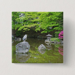 Japan, Kyoto. Heron in fresh green leaves 15 Cm Square Badge