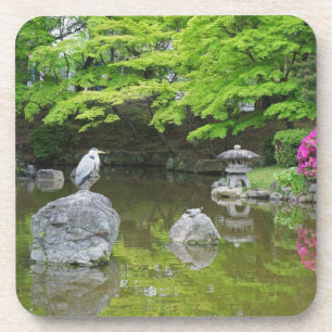 Japan, Kyoto. Heron in fresh green leaves Coaster