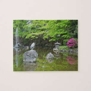 Japan, Kyoto. Heron in fresh green leaves Jigsaw Puzzle