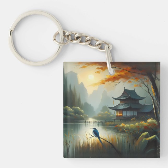 Japan Lake Bird 1 - Canvas Key Ring (Front)