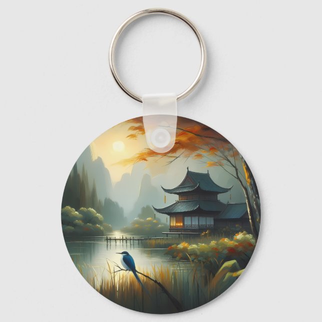 Japan Lake Bird 1 - Canvas Key Ring (Front)