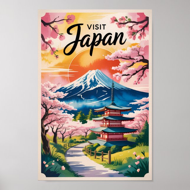 Japan Mount Fuji Illustration Travel Art Vintage Poster (Front)