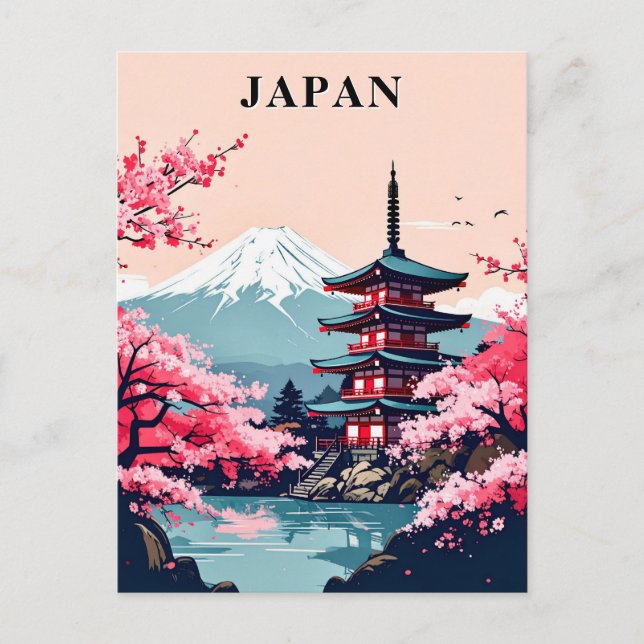 Japan Mount Fuji, Pagoda, and Cherry Blossom Postcard (Front)