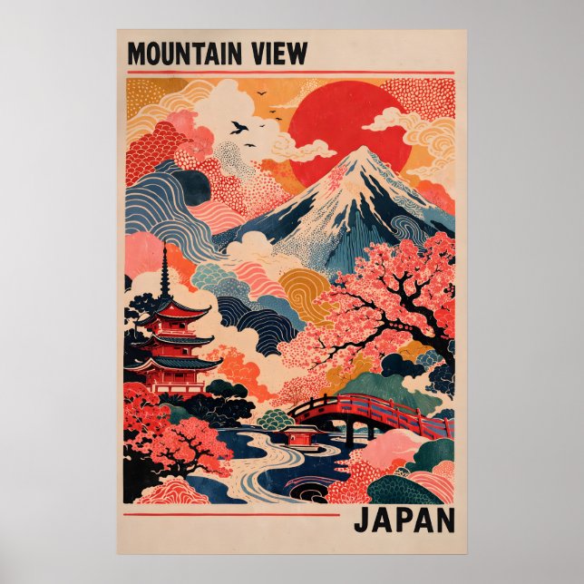 Japan Mountain View Poster, Retro Mount Fuji Poster (Front)