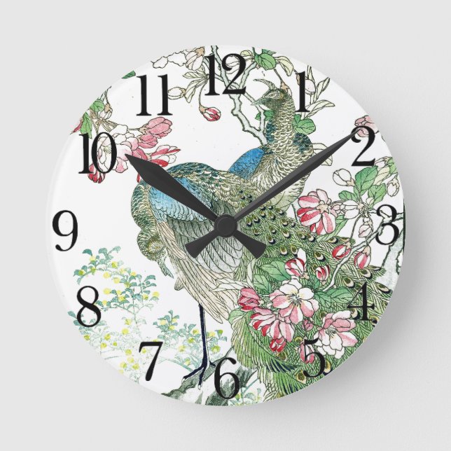 Japan Peacock Birds Crabapple Blossoms Wall Clock (Front)