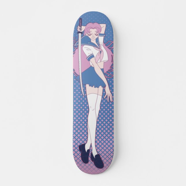 Japan Pink Anime Schoolgirl Art Nouveau Skateboard (Front)