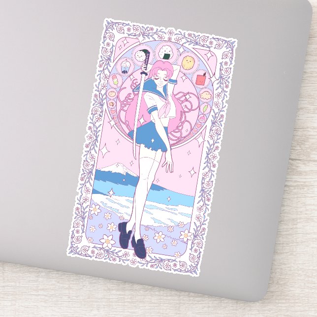 Japan Pink Anime Schoolgirl Art Nouveau Sticker (Detail)