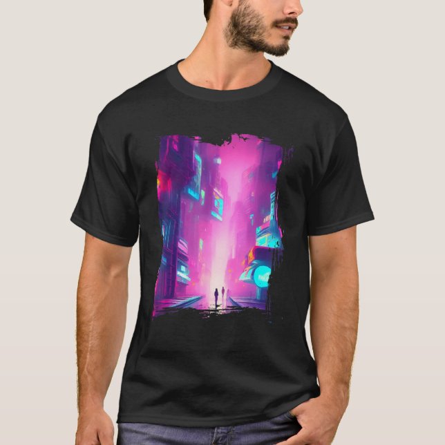 Japan Pink Blue Lights Vaporwave City T-Shirt (Front)