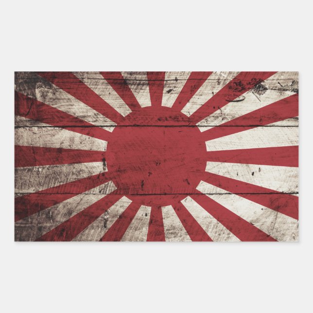 Japan Rising Sun Flag on Old Wood Grain Rectangular Sticker (Front)