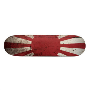 Japan Rising Sun Flag on Old Wood Grain Skateboard