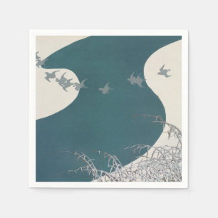 japan river landscape traditional vintage birds na napkin