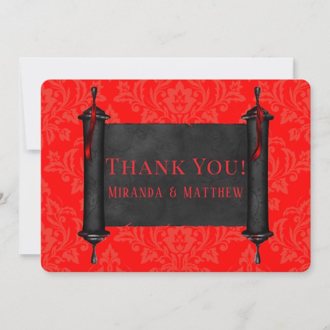 Japan Scroll Red Black Damask Thank You Cards (Front)