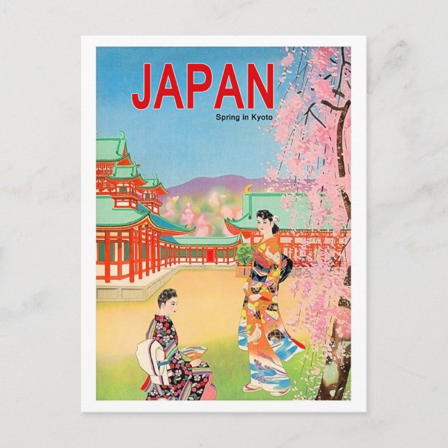 Japan temple in spring, geisha girls on walk postcard (Front)