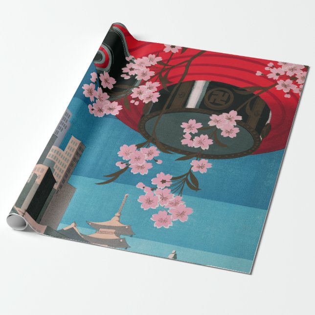 Japan Tokyo Vintage Japanese Travel Poster Wrapping Paper (Unrolled)